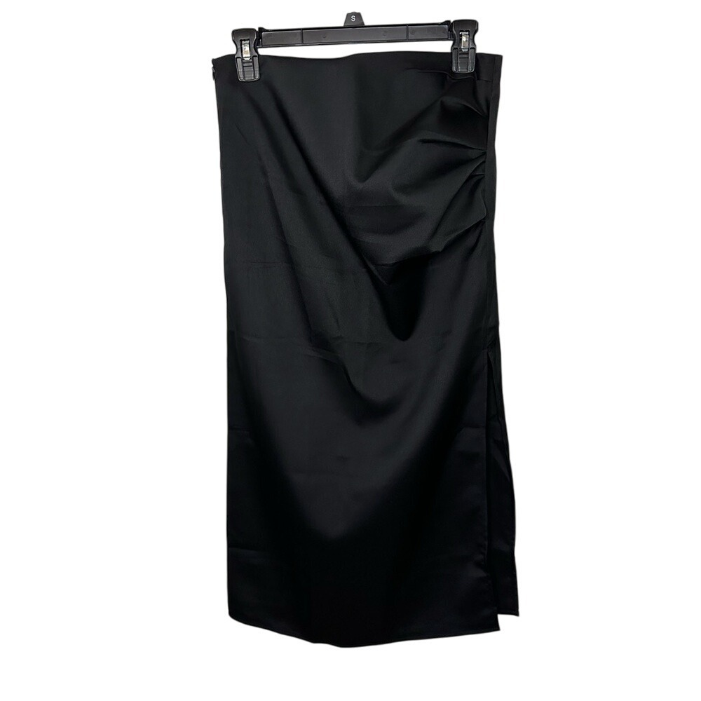 Black Ruched Bodycon Midi Skirt Party Cocktail Sleek Elegant